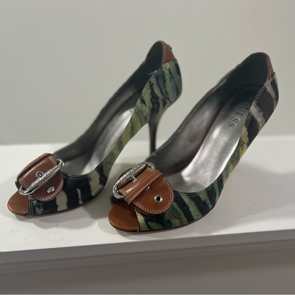 GUESS Women's Brown and Green Multi Satin Peep-Toe Heels with Leather Buckle - Picture 2 of 4
